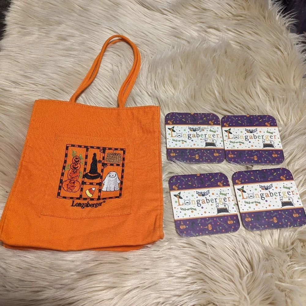 Longaberger Halloween Fall Small  Bag Tiny Tote Embroidered w/ 4 coasters
